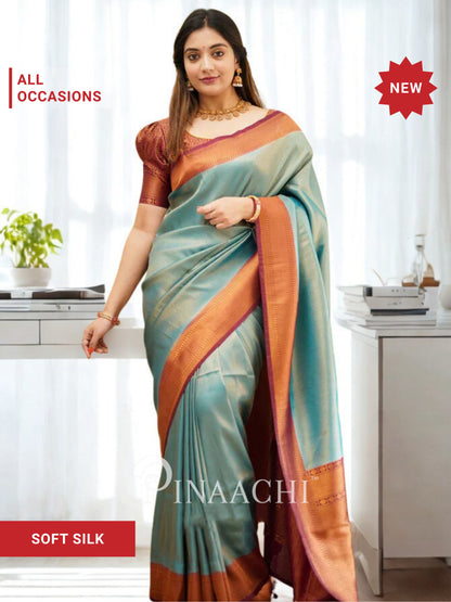 Pinaachi blue maroon licchi silk saree with soft silk fabric for all occasions