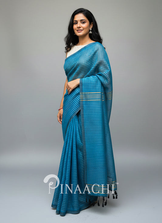 Pinaachi deep blue checked mulmul saree with elegant draping and delicate patterns