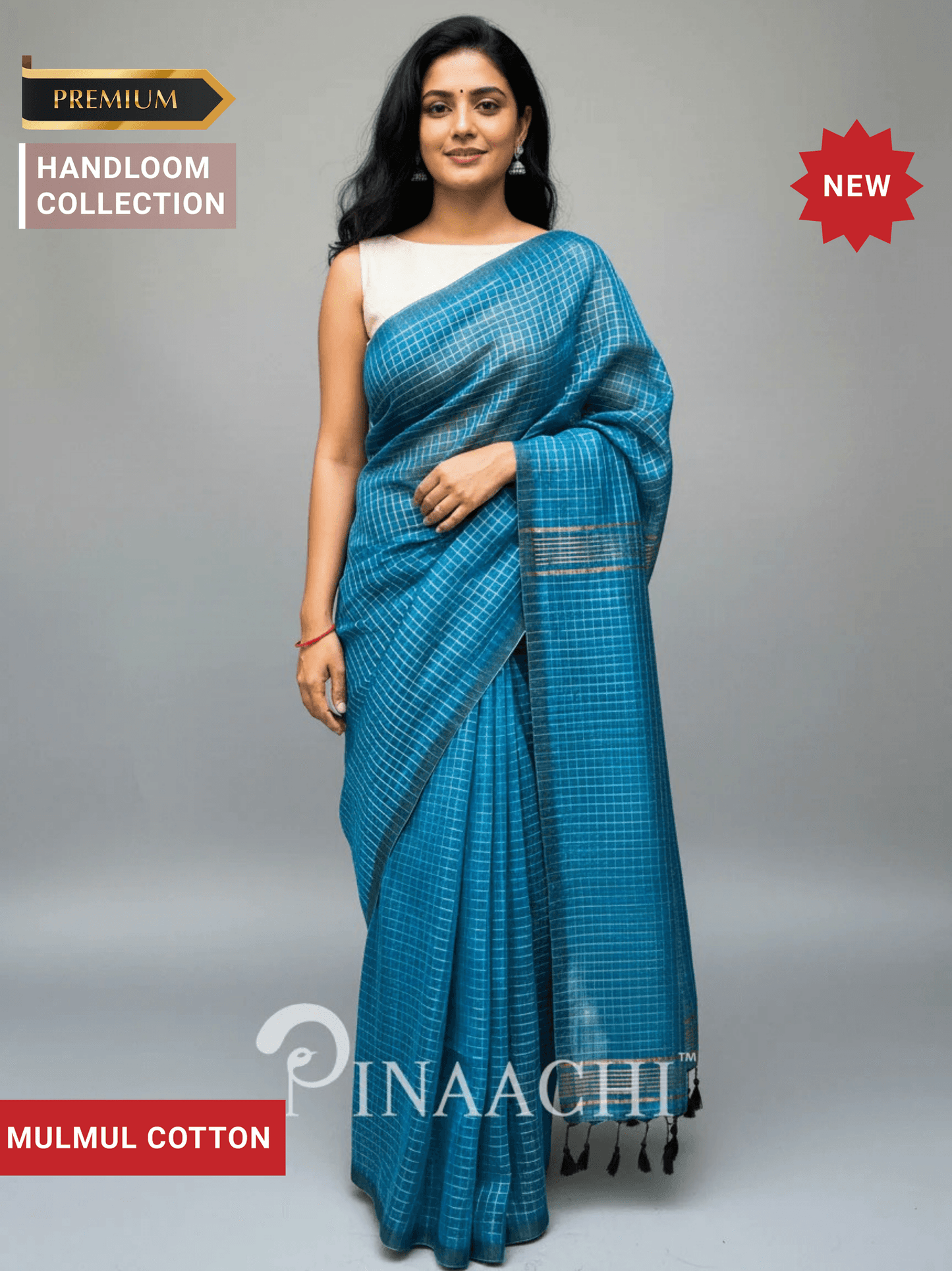 Pinaachi deep blue checked mulmul saree made from premium mulmul cotton with elegant draping