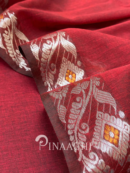 Pinaachi deep red handloom mulmul saree with intricate floral designs in golden thread