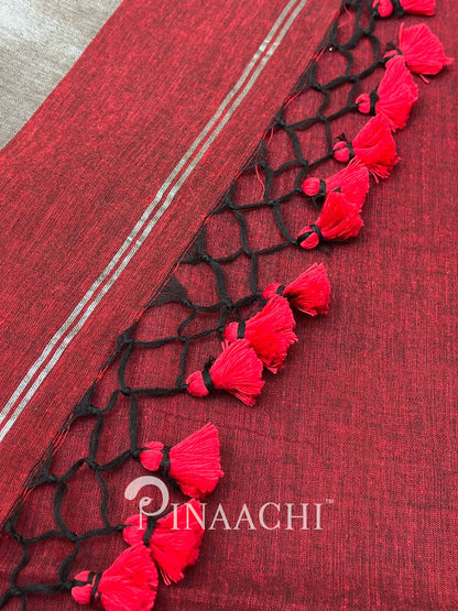 Pinaachi deep red handloom mulmul saree with black tassel detailing and elegant border