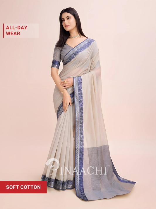 Pinaachi dove grey cotton saree with elegant border for all-day wear