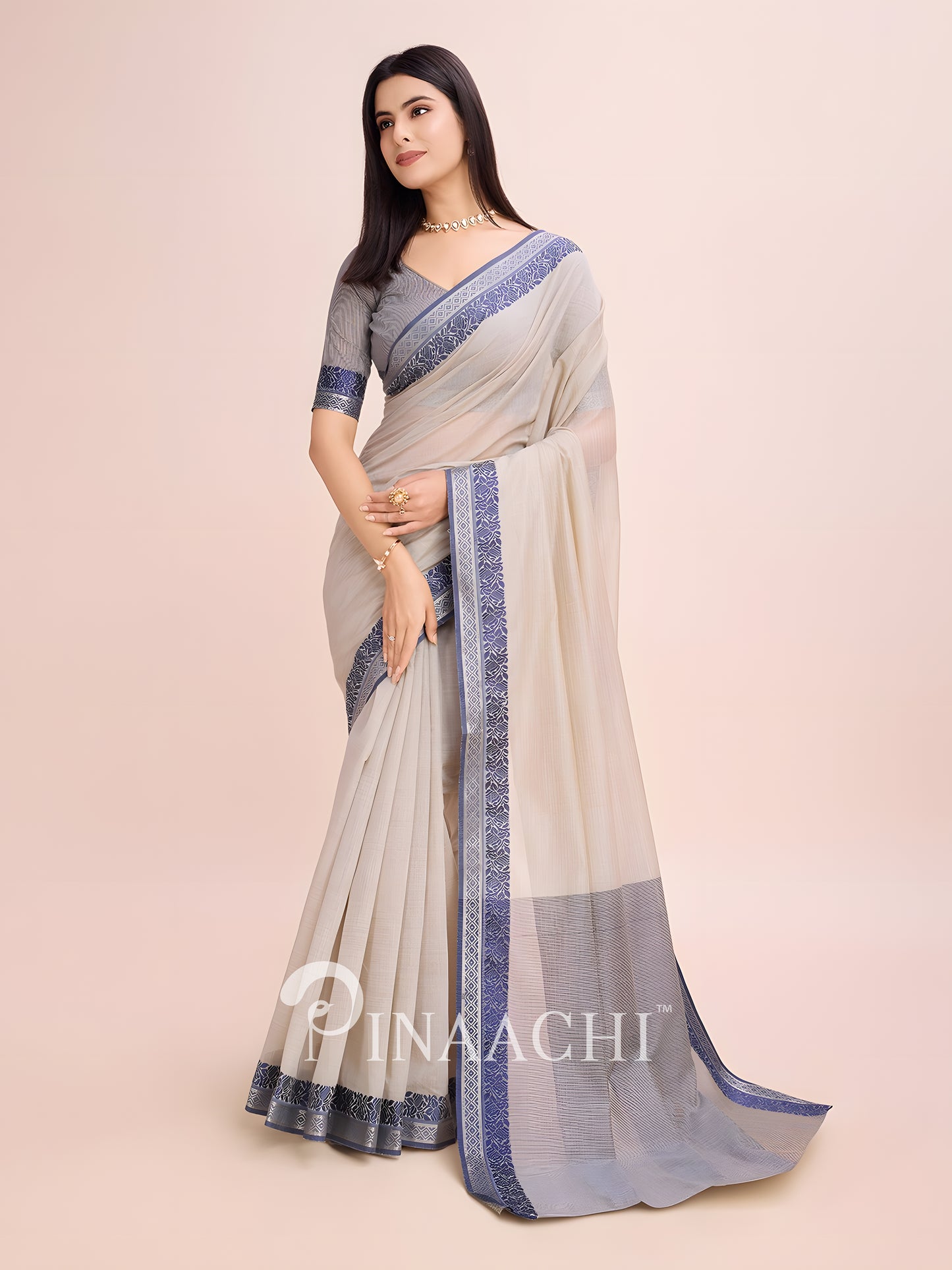 Elegant dove grey cotton saree with a stylish border, perfect for formal occasions