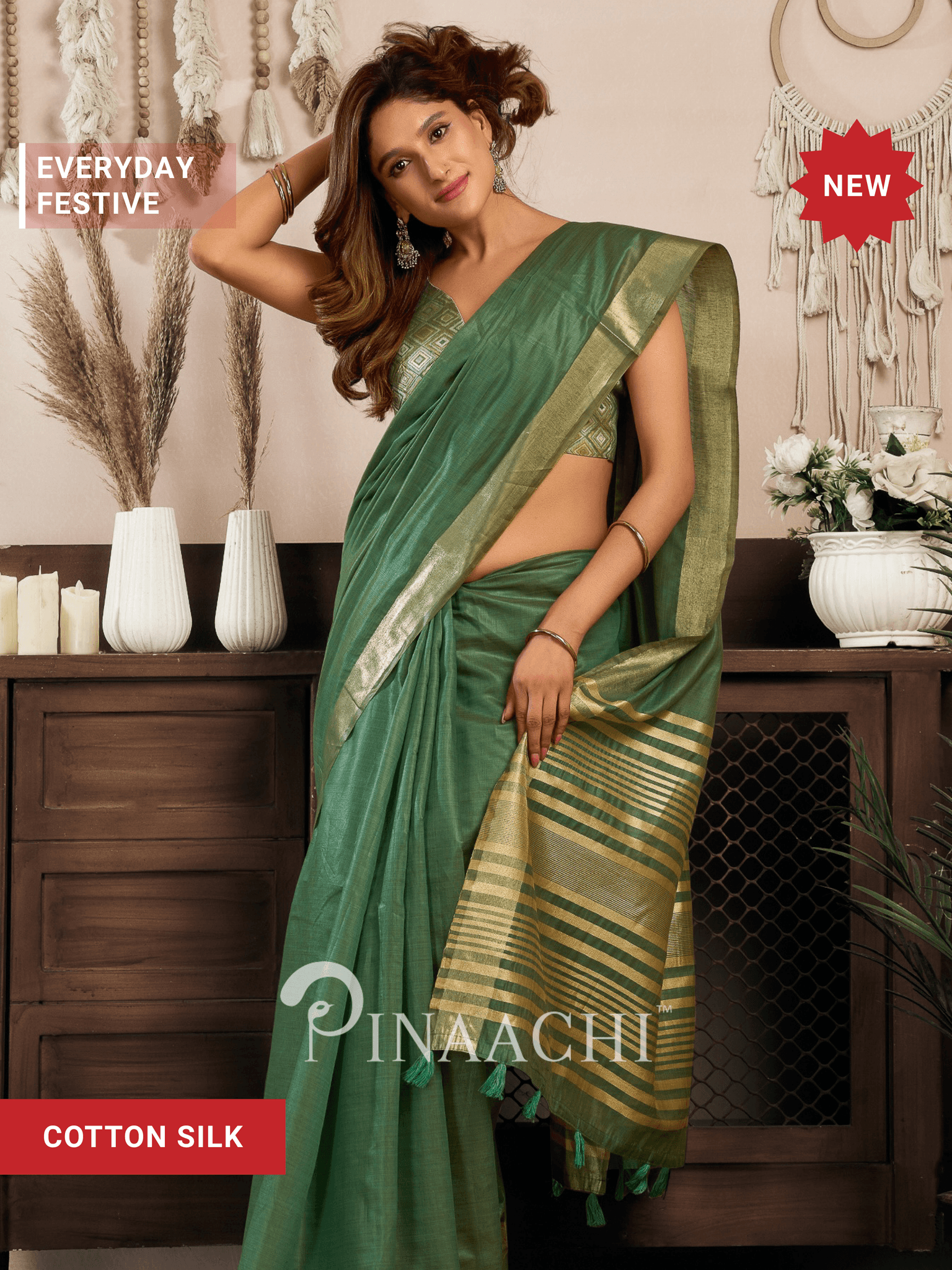 Elegant green cotton silk saree by Pinaachi with gold accents for festive occasions