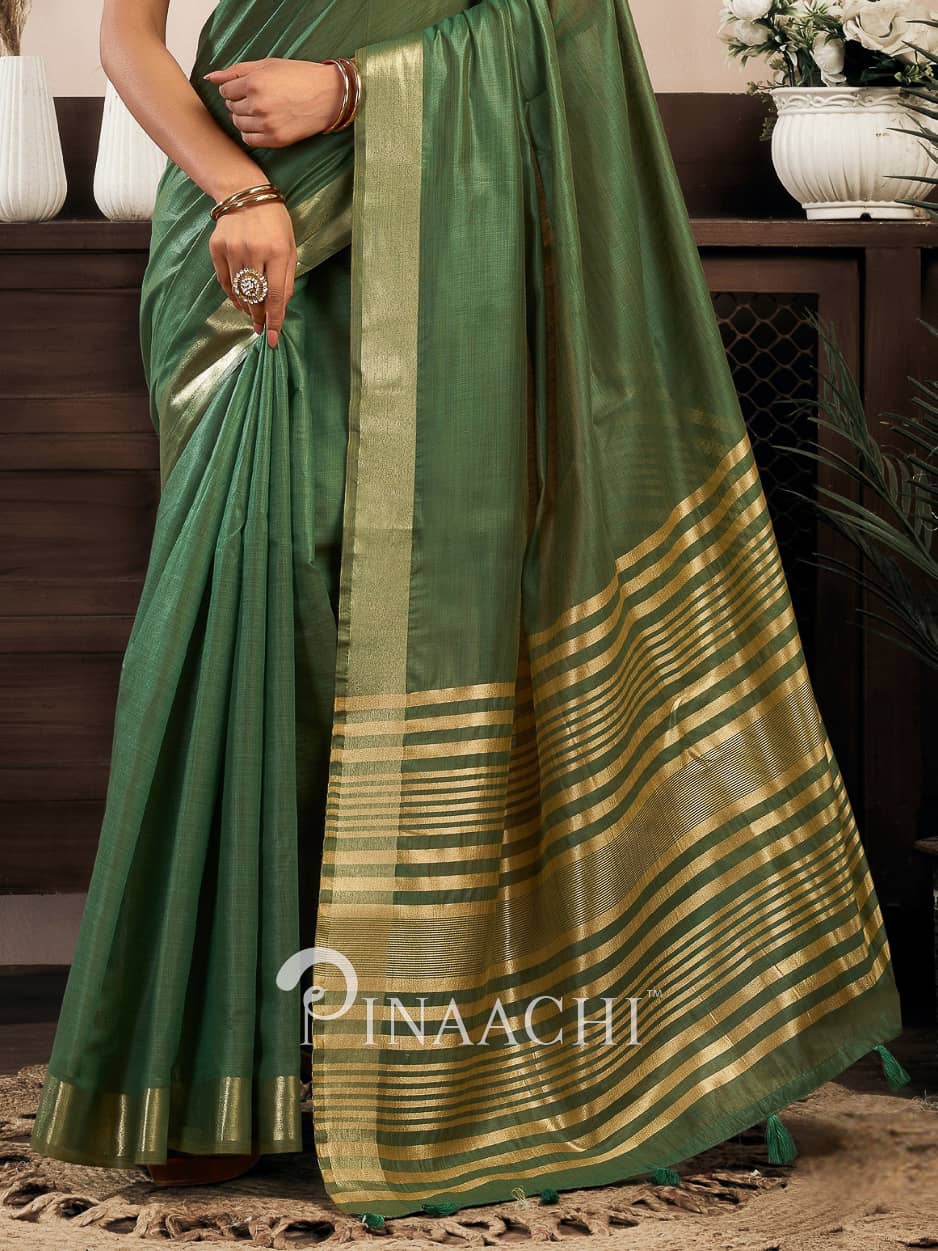 Elegant green cotton silk saree with golden striped border from Pinaachi for festive occasions