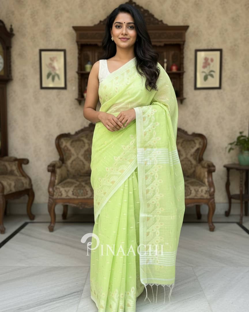 Pinaachi light green saree jamdani with delicate floral designs and elegant draping