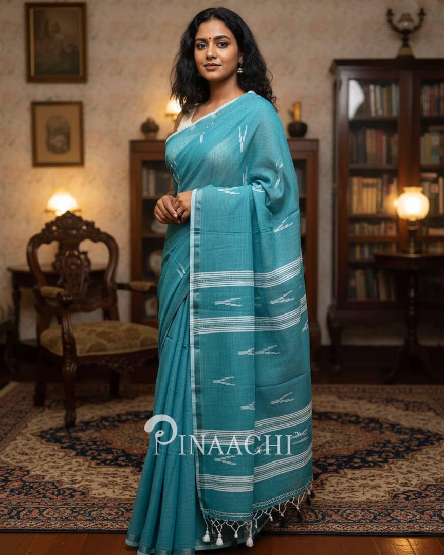 Pinaachi rama green jamdani saree in lightweight cotton with elegant traditional patterns
