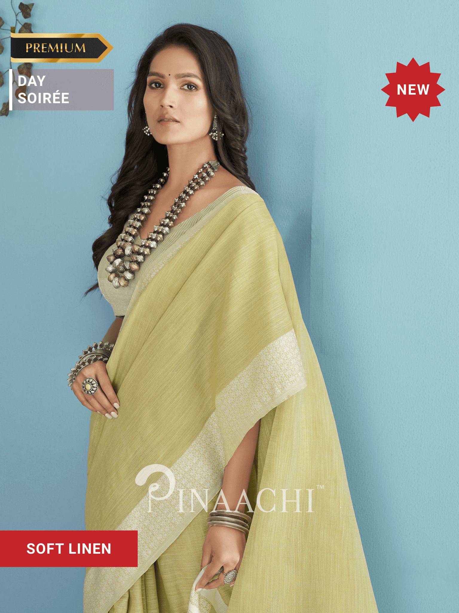 Elegant green linen saree by Pinaachi with a soft drape for a sophisticated look