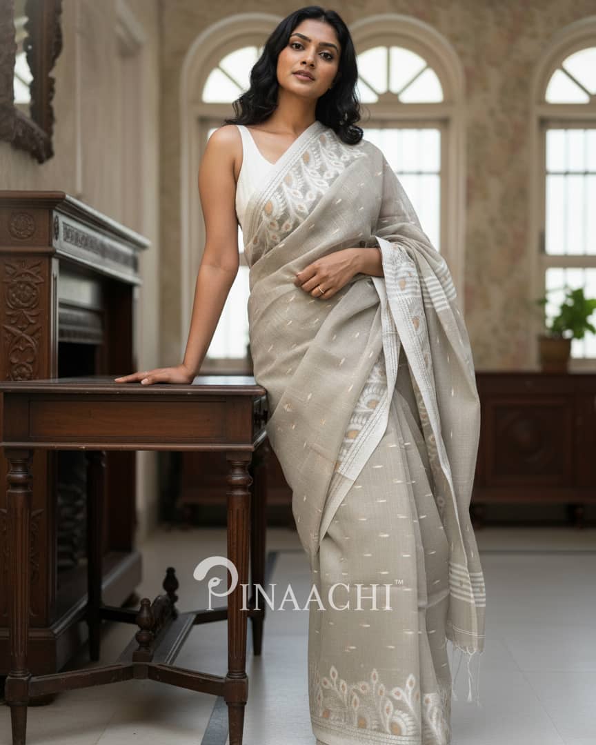 Pinaachi beige saree jamdani with intricate white motifs and soft fabric for elegant style