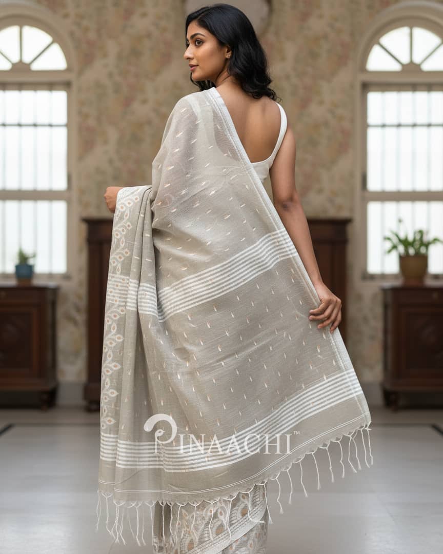 Pinaachi gray saree jamdani with intricate patterns and elegant borders