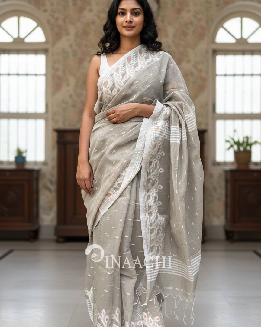 Pinaachi grey saree jamdani in lightweight fabric with intricate white embroidery