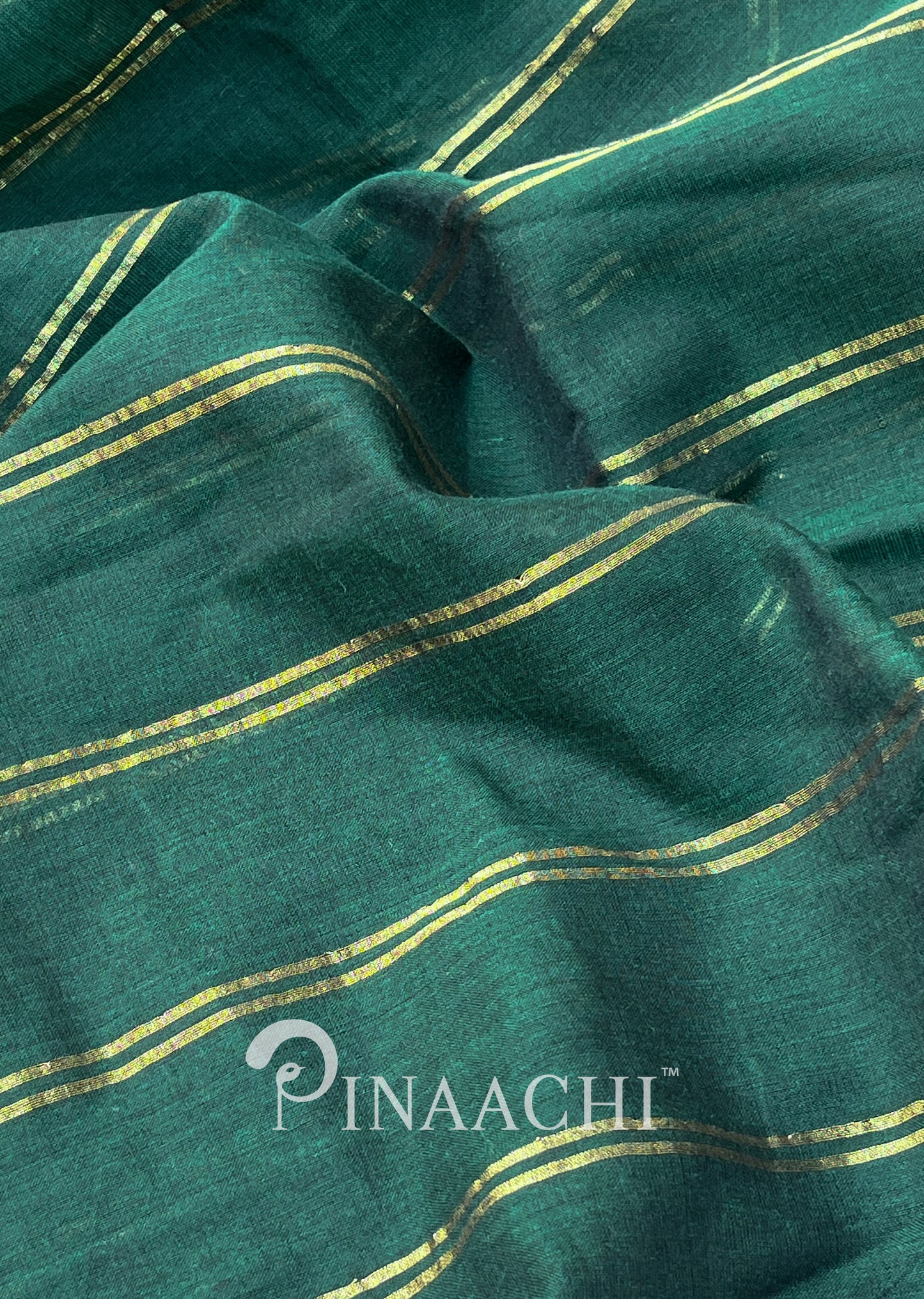 Pinaachi handloom bottle green saree with gold stripes for elegant occasions