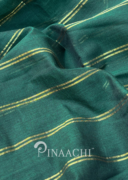 Pinaachi handloom bottle green saree with gold stripes for elegant occasions