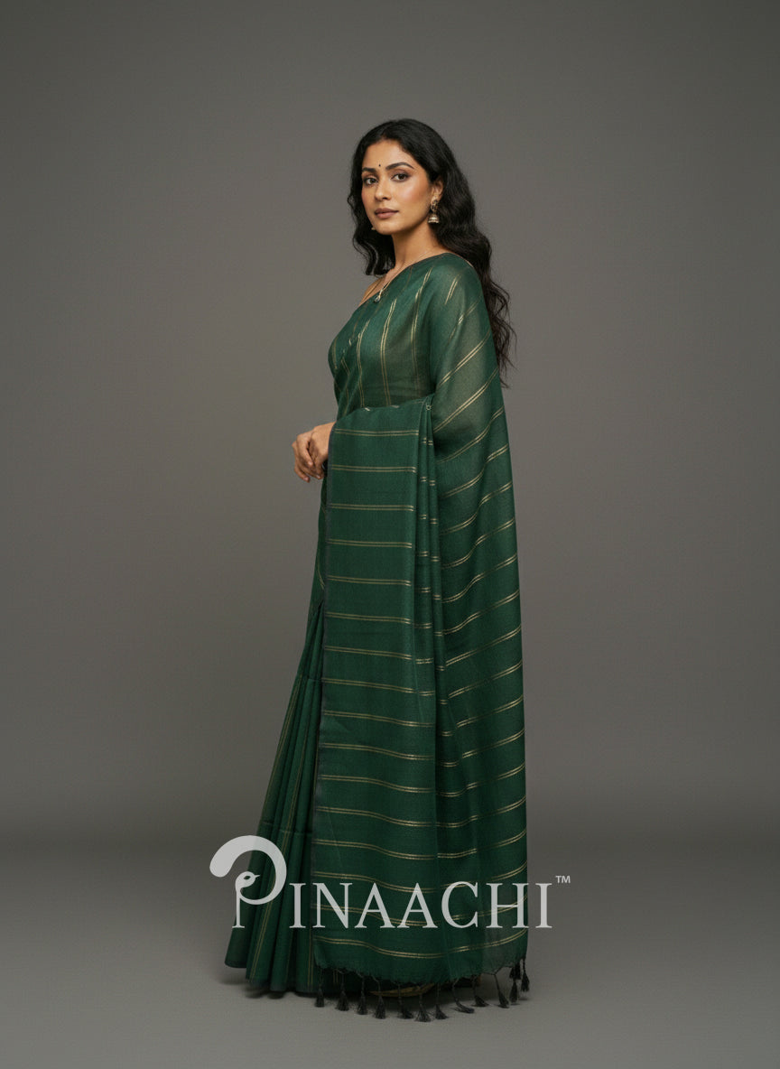 Pinaachi handloom bottle green saree crafted with fine silk and elegant stripes