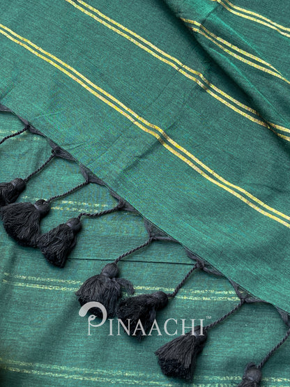 Pinaachi handloom bottle green saree with contrasting striped design and decorative tassels