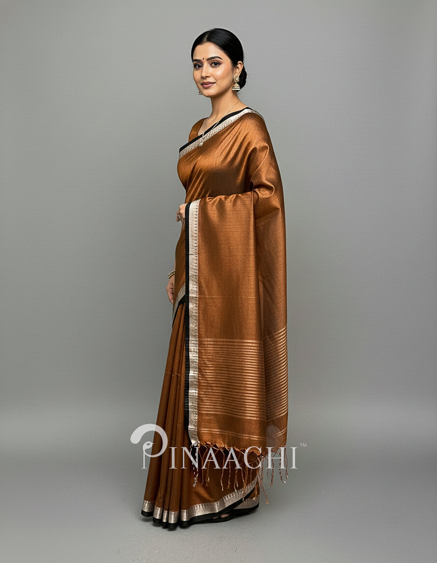 Elegant model wearing a handloom coffee tissue saree with a beautiful border and draped style
