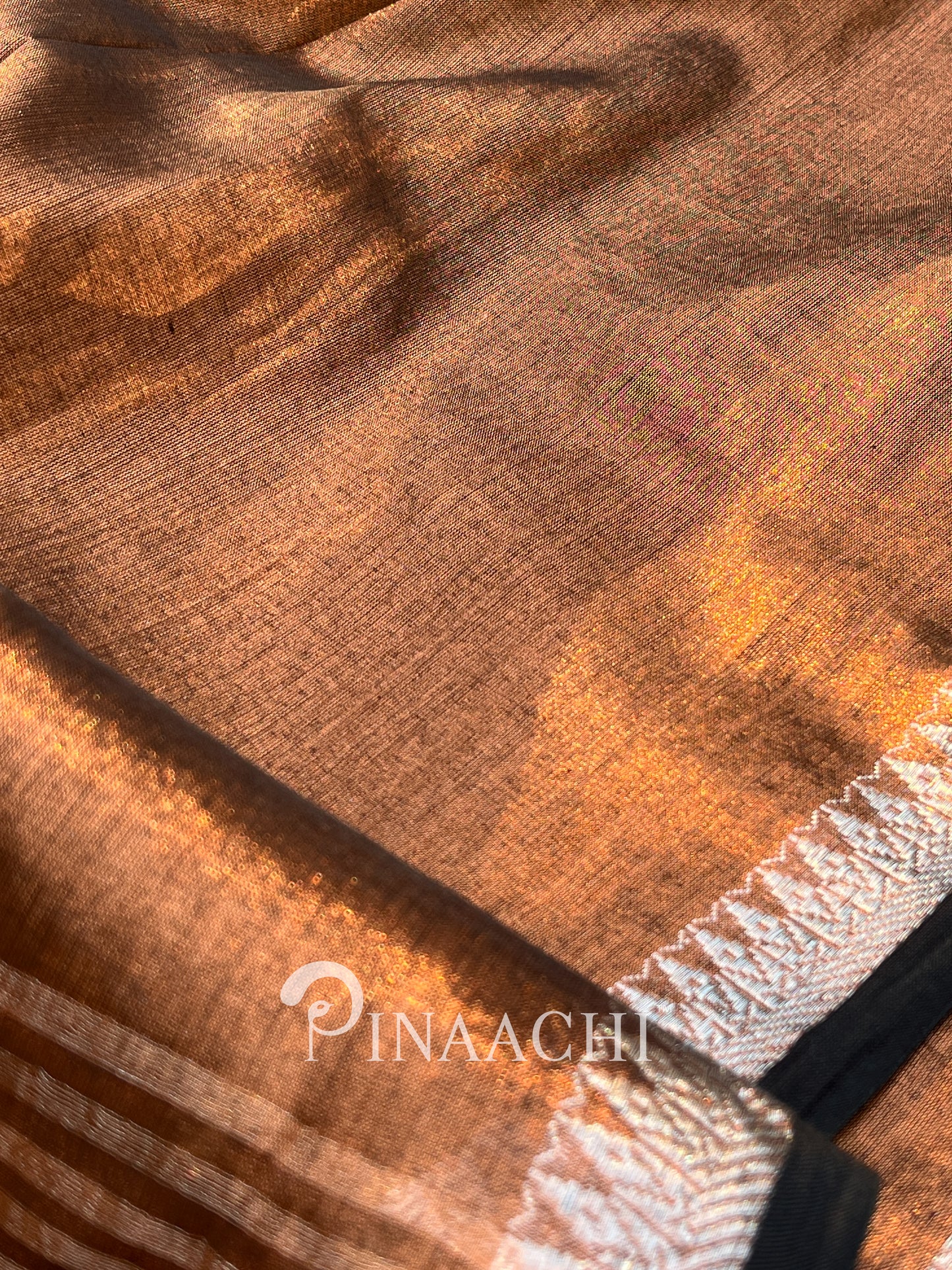 Handloom coffee tissue saree by Pinaachi with intricate texture and elegant shine