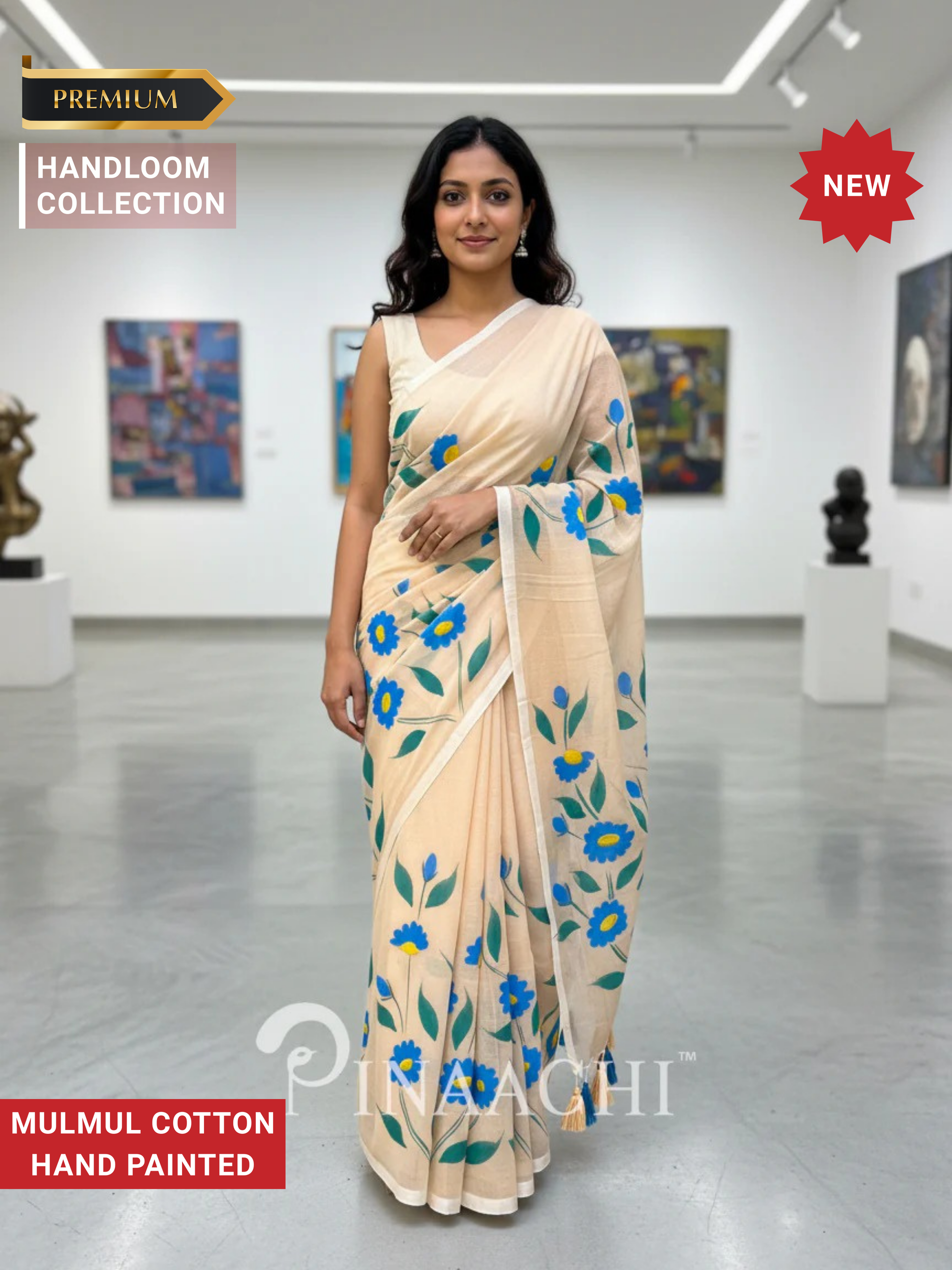 Pinaachi handloom handpainted mulmul saree in beige with vibrant floral designs