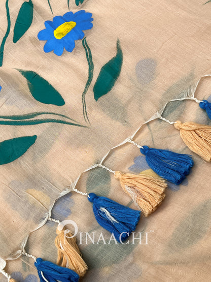 Pinaachi handloom handpainted mulmul saree with floral design and colorful tassel detailing