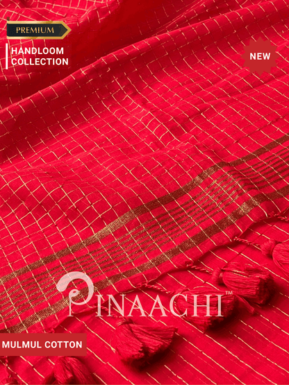 Pinaachi handloom red checked mulmul saree with golden accents and tassels for festive occasions