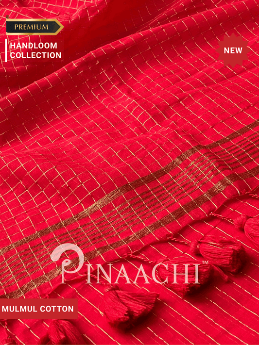 Pinaachi handloom red checked mulmul saree with golden accents and tassels for festive occasions