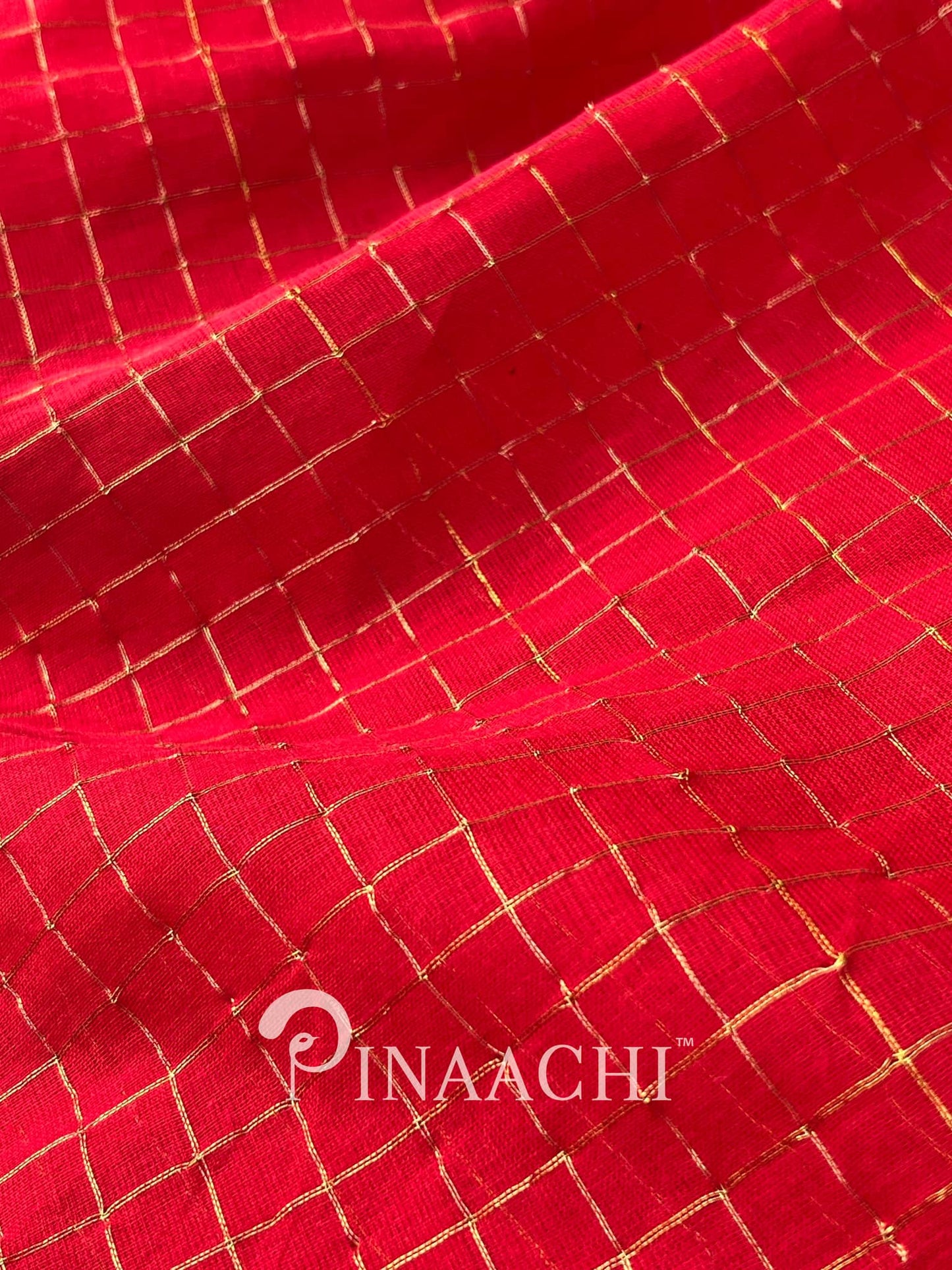 Pinaachi handloom red checked mulmul saree with intricate golden detailing