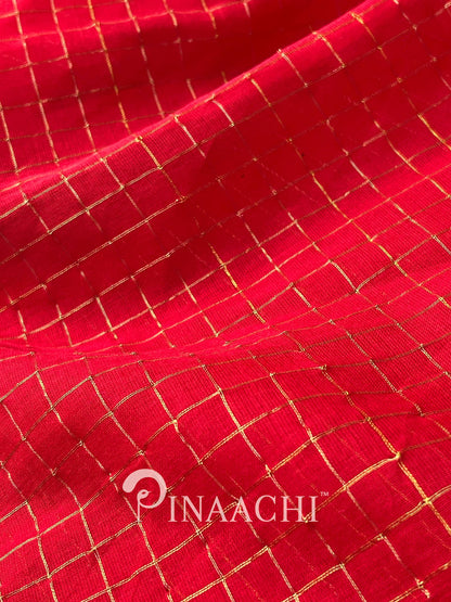 Pinaachi handloom red checked mulmul saree with intricate golden detailing