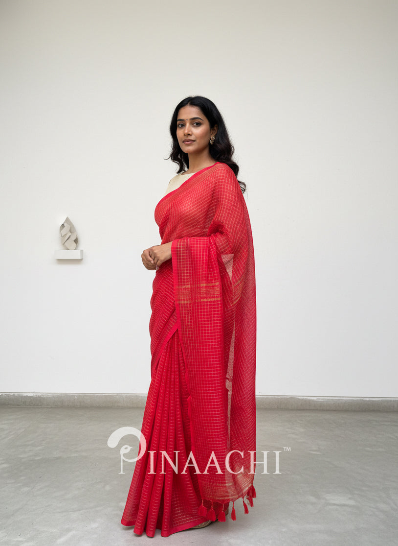 Pinaachi handloom red checked mulmul saree with elegant drape and lightweight fabric