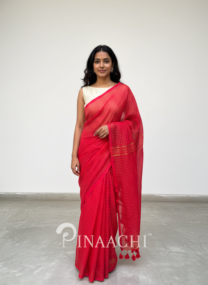 Pinaachi handloom red checked mulmul saree with elegant drape for stylish occasions