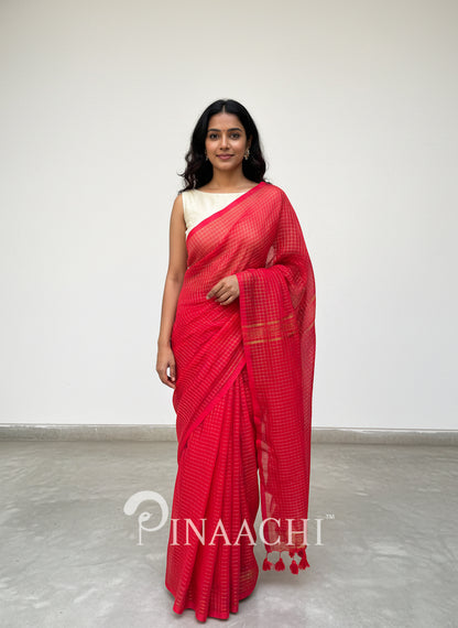 Pinaachi handloom red checked mulmul saree with elegant drape for stylish occasions