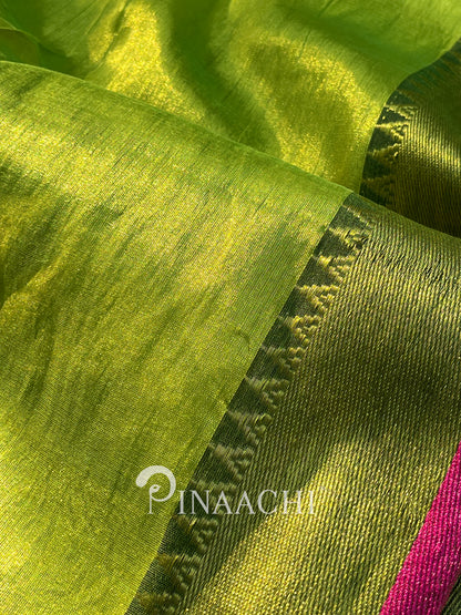 Vibrant handloom tissue silk saree in green with contrasting pink border from Pinaachi