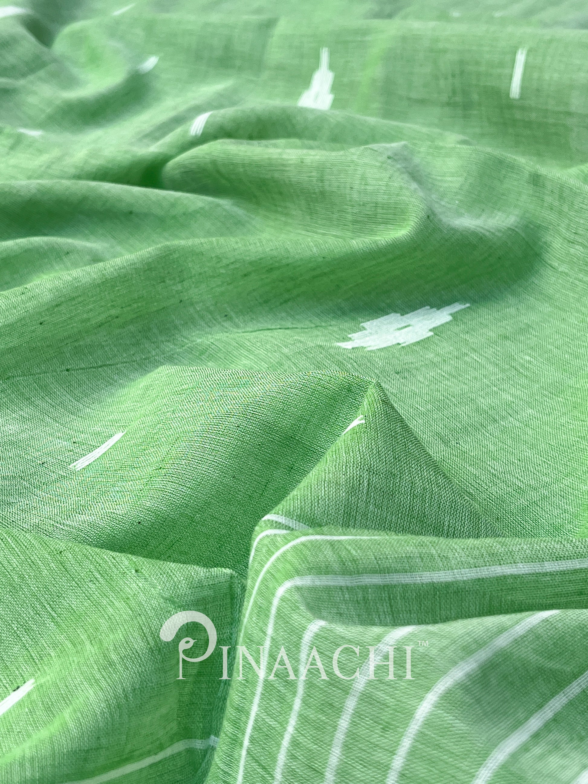 Pinaachi light green mulmul jamdani saree with delicate patterns and soft texture