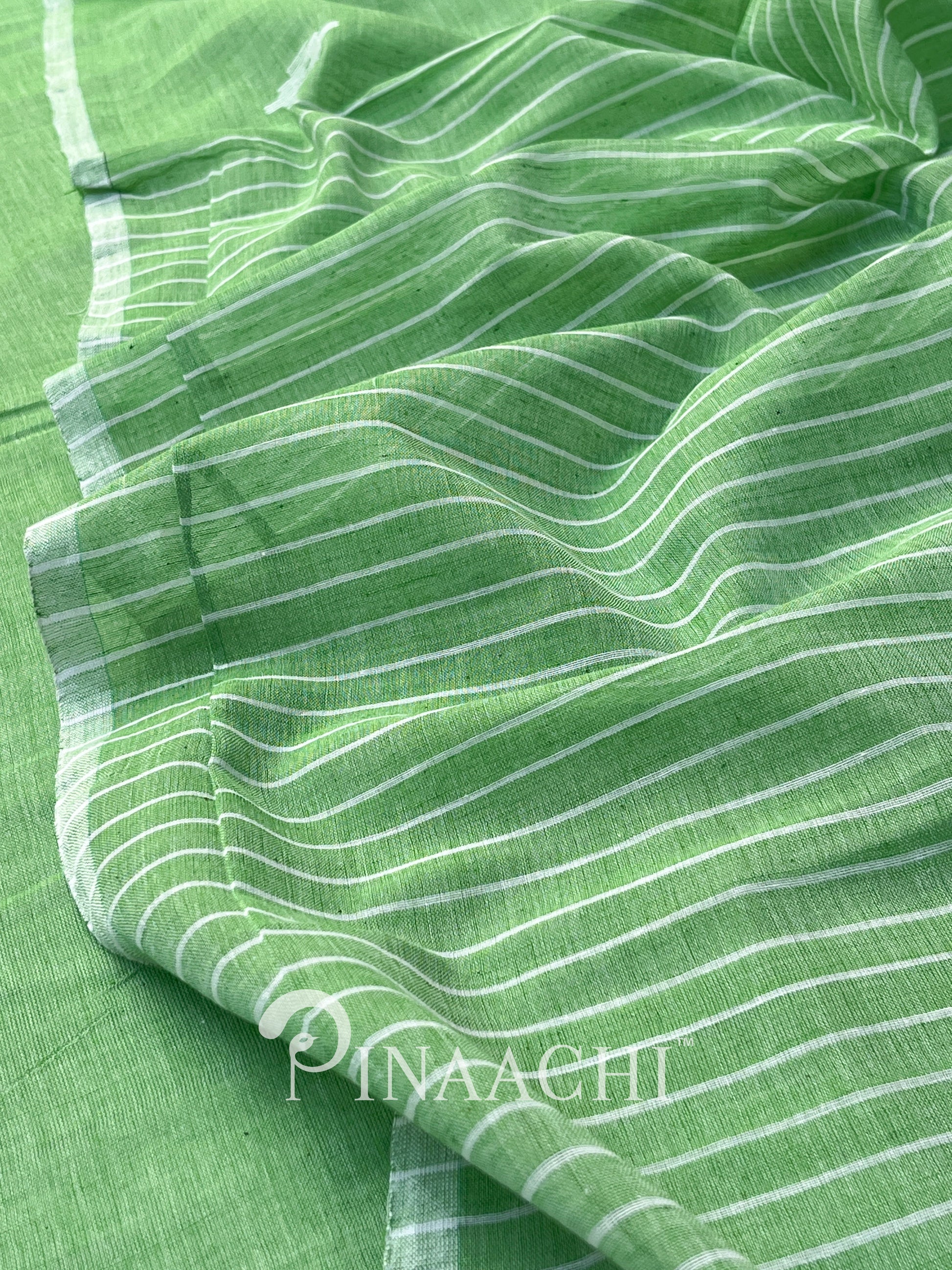 Pinaachi light green mulmul jamdani saree with delicate striped patterns