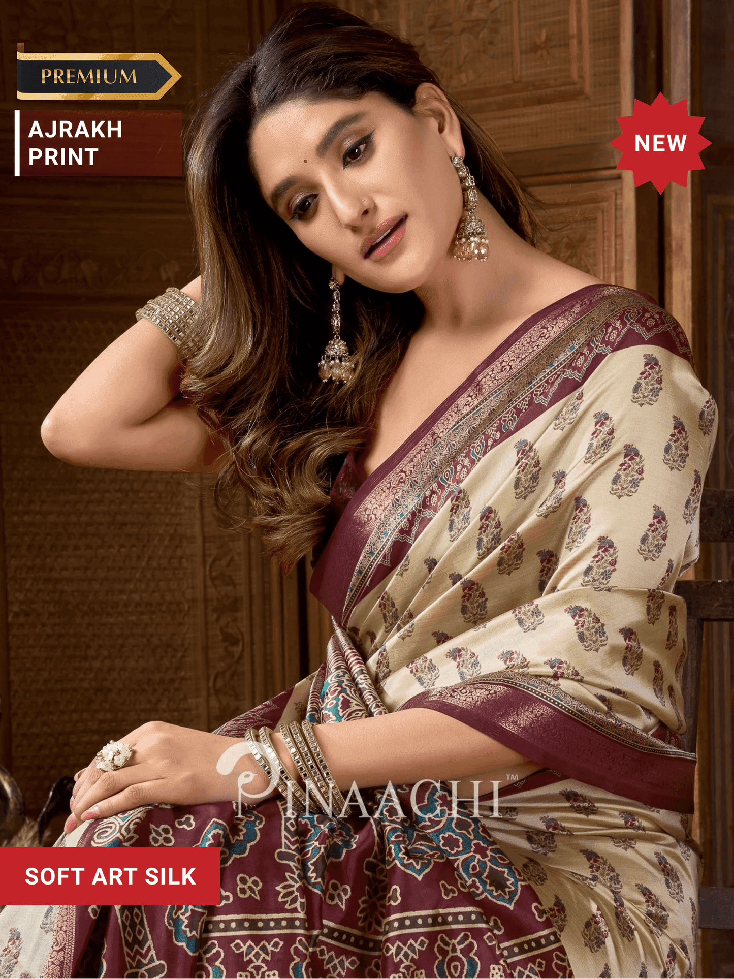 Pinaachi cream Ajrakh art silk saree with intricate print and maroon border for elegant occasions