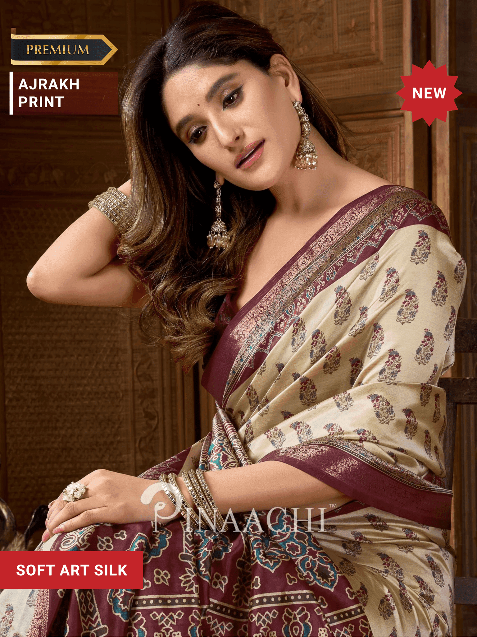 Pinaachi cream Ajrakh art silk saree with intricate print and maroon border for elegant occasions