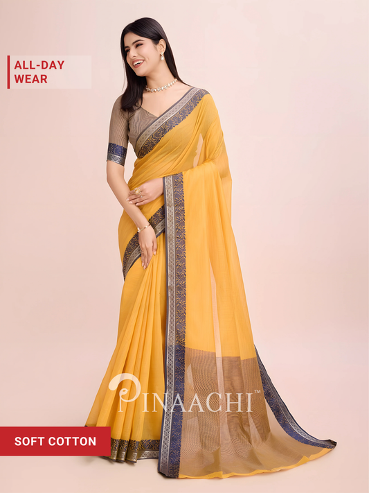 Pinaachi mustard cotton saree with woven border for all-day wear, featuring a soft and elegant design