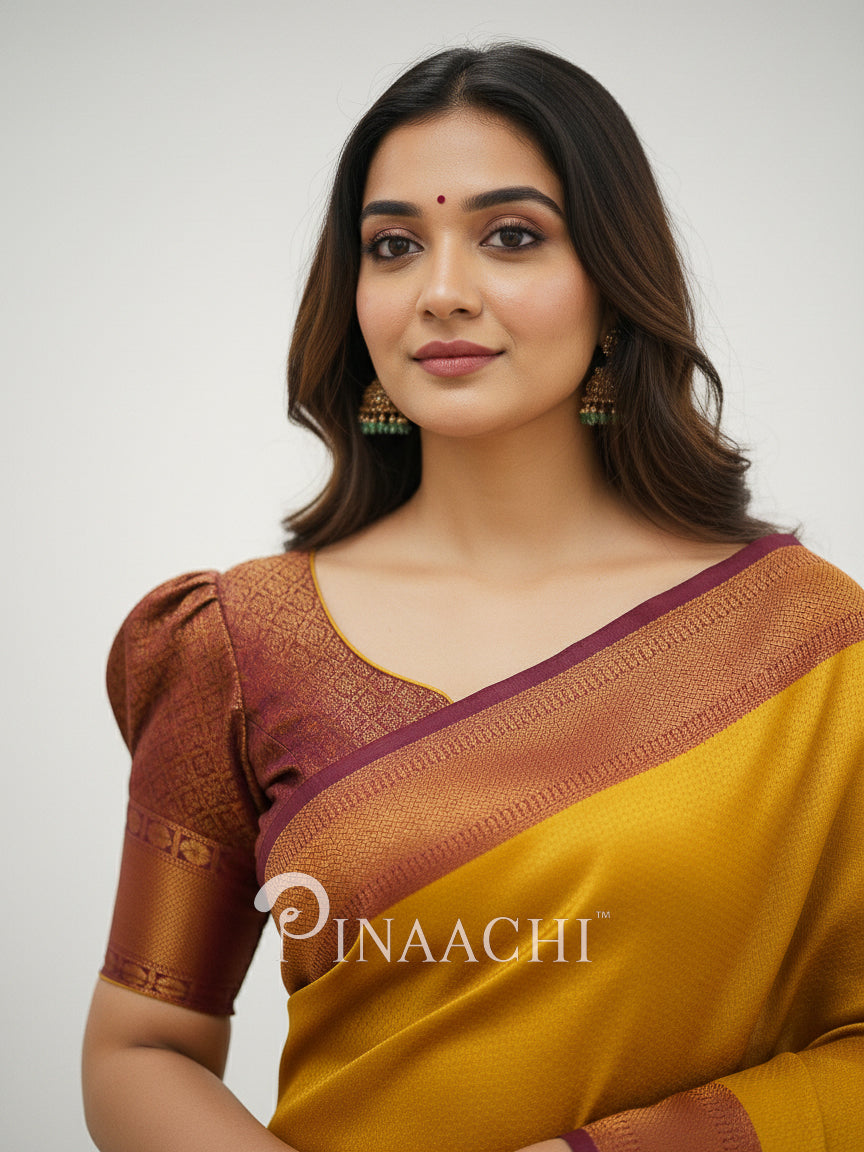 Pinaachi mustard maroon silk saree online with elegant patterned blouse and traditional styling