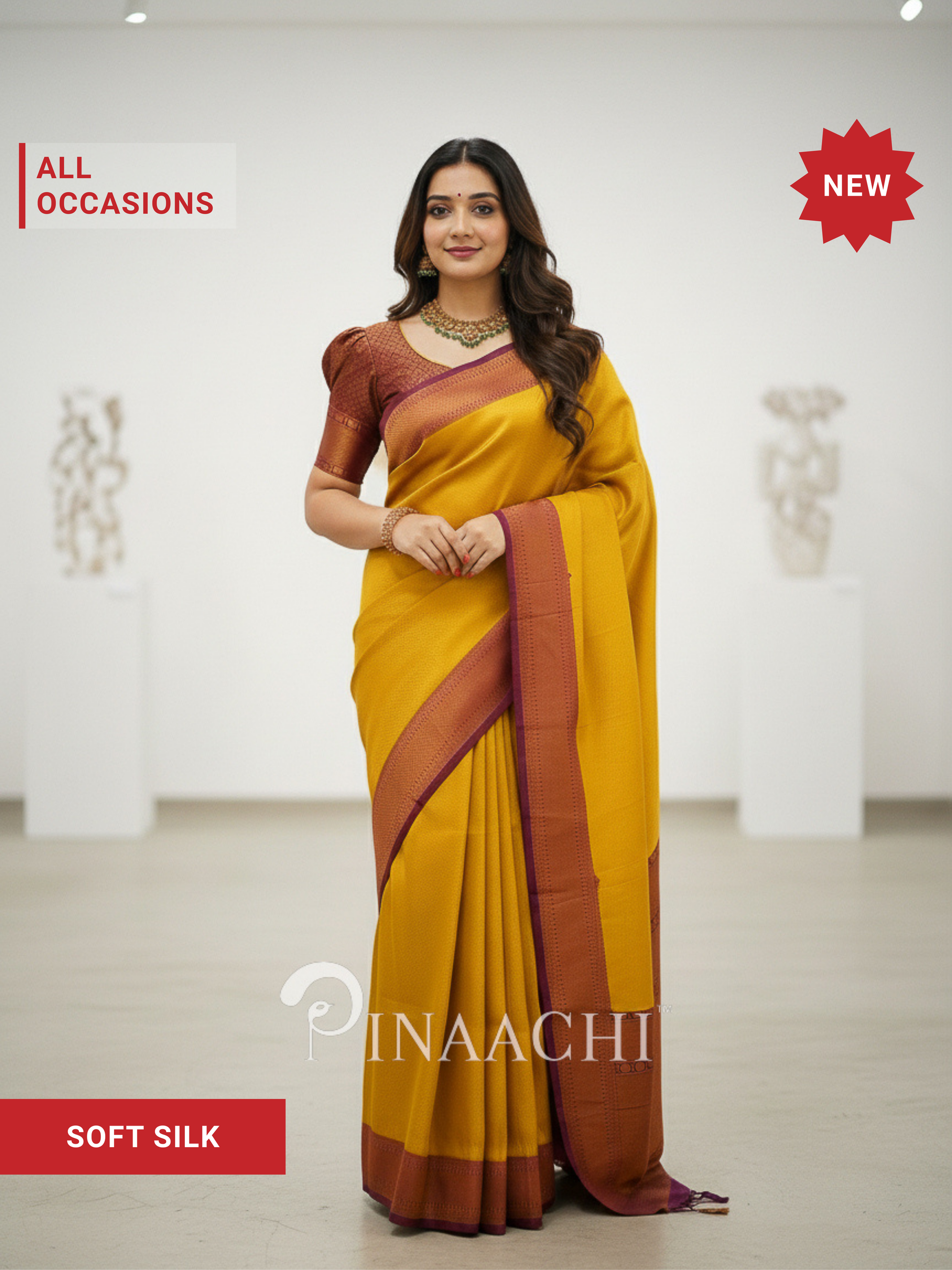 Pinaachi mustard maroon silk saree online with rich color and elegant drape for all occasions
