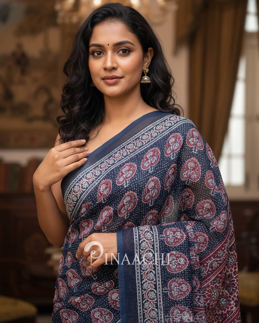 Pinaachi navy ajrakh saree with intricate patterns in cotton, perfect for festive occasions.