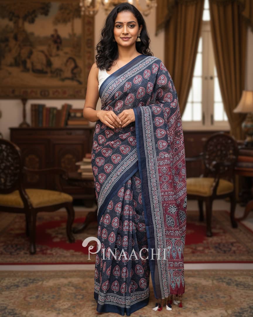 Pinaachi navy-blue ajrakh saree in cotton with intricate tribal prints and elegant finish