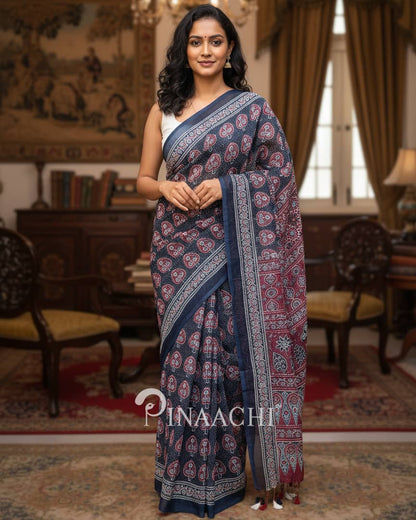 Pinaachi navy-blue ajrakh saree in cotton with intricate tribal prints and elegant finish