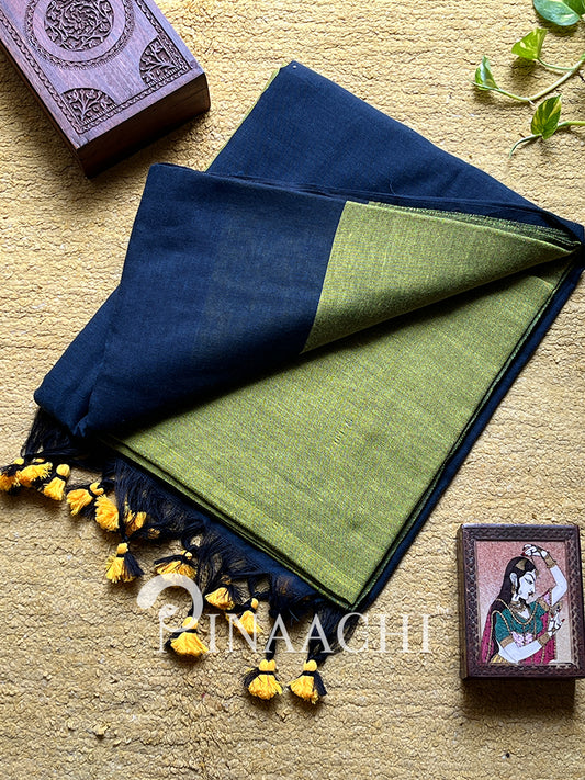 Olive green handloom cotton saree with a contrasting dark border and traditional tassels