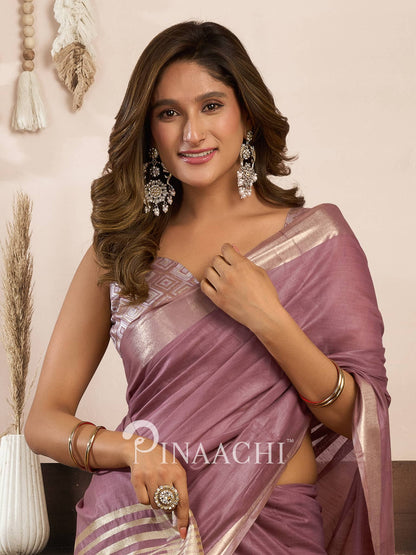 Elegant Onion Pink Cotton Silk Saree by Pinaachi, featuring traditional designs and a stylish drape
