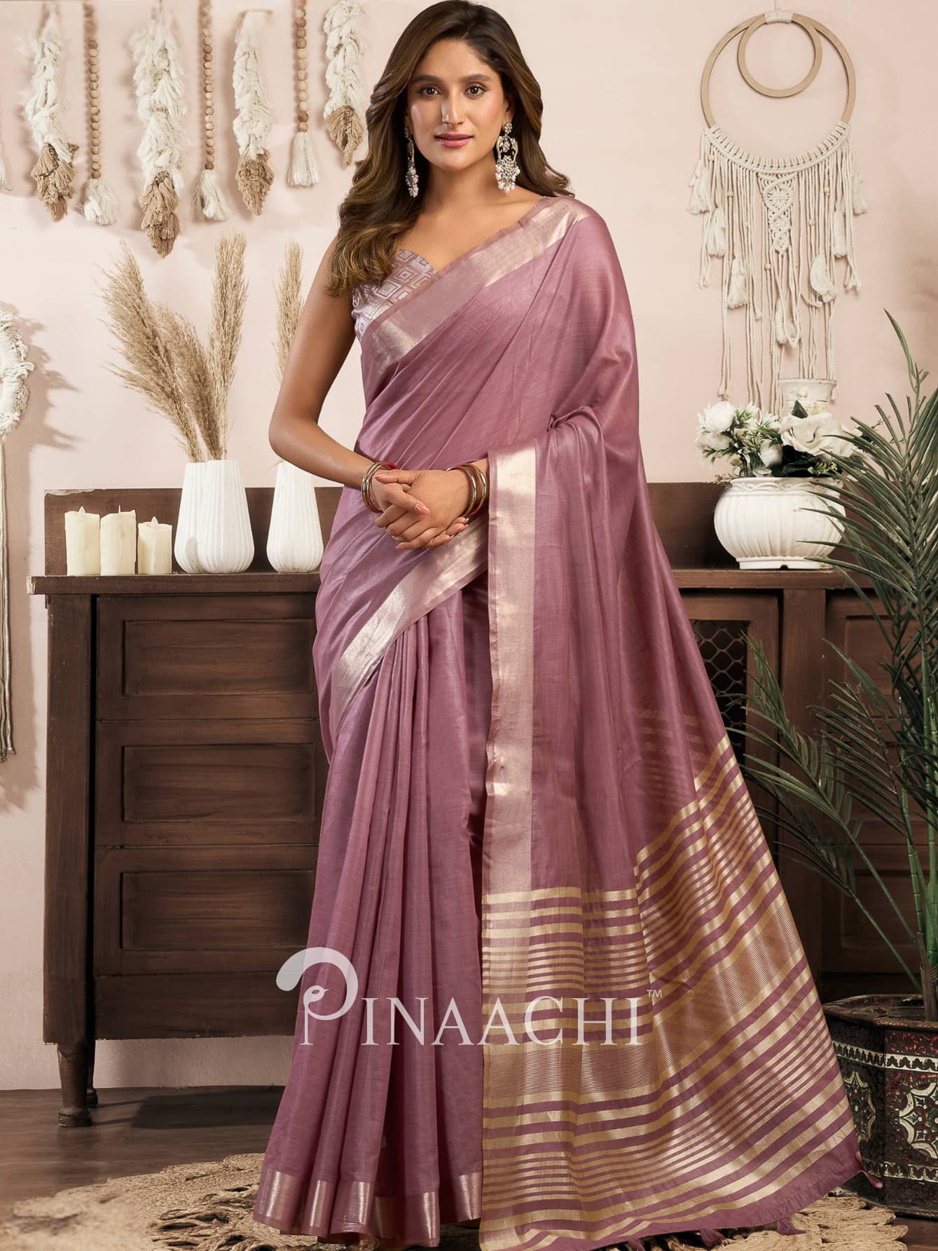Elegant Onion Pink Cotton Silk Saree by Pinaachi with a subtle shimmer and golden border