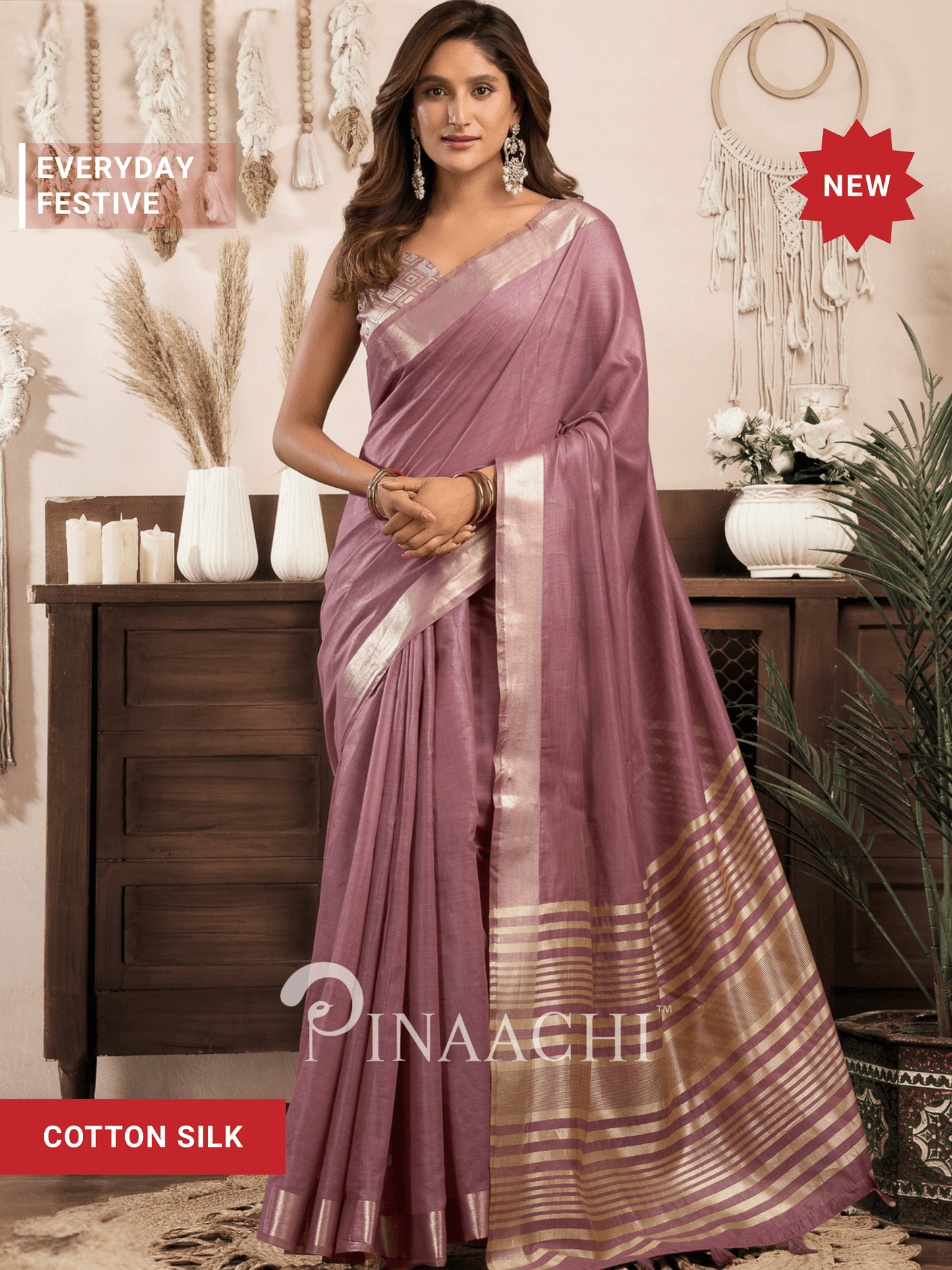 Elegant Onion Pink Cotton Silk Saree by Pinaachi, perfect for festive and everyday occasions.