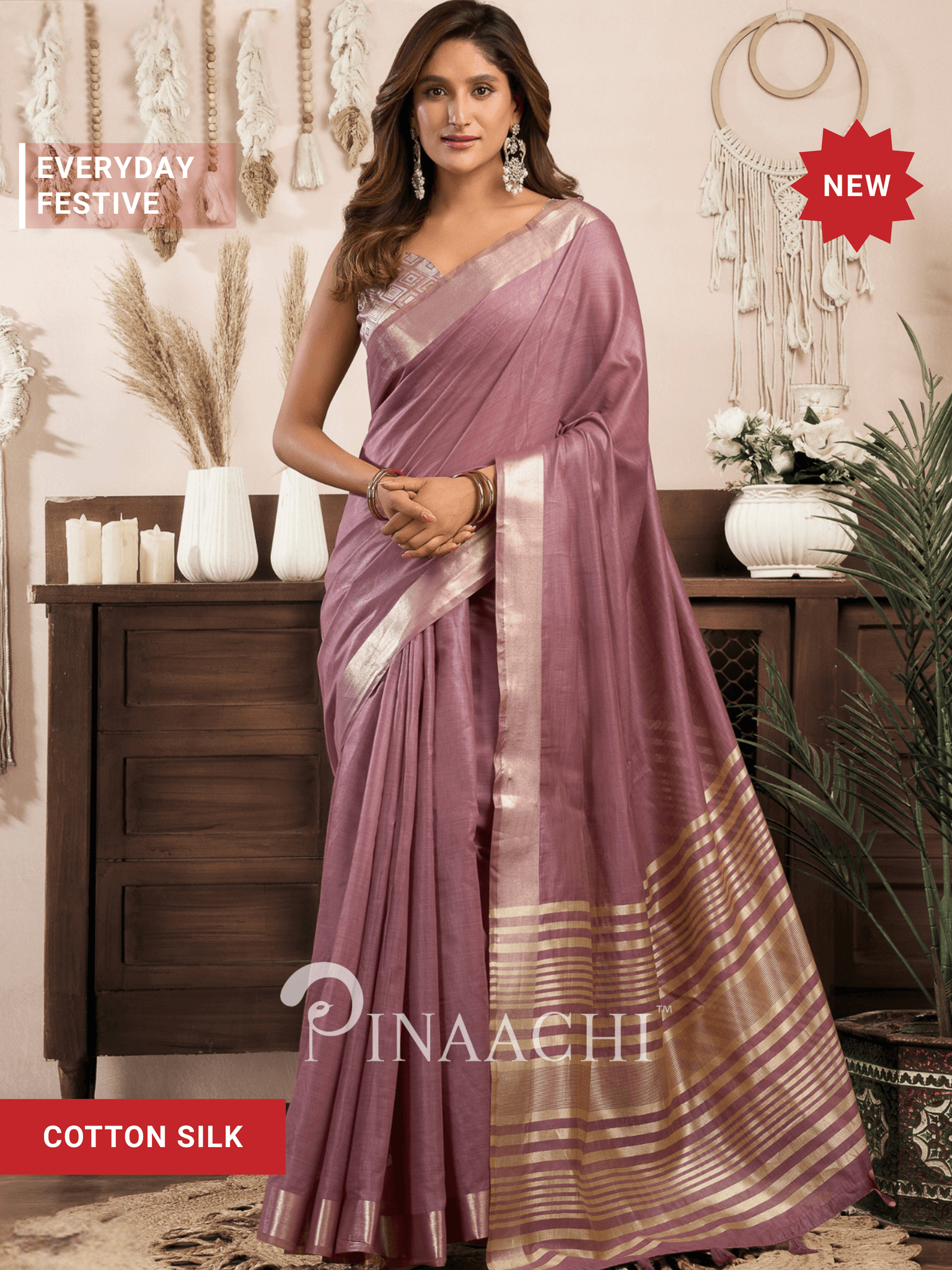 Elegant Onion Pink Cotton Silk Saree by Pinaachi, perfect for festive and everyday occasions.