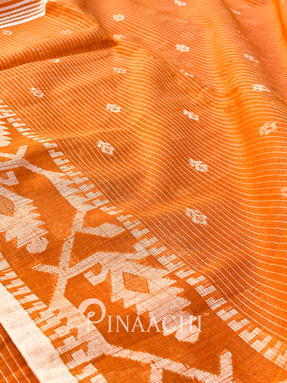Pinaachi orange cotton silk jamdani saree with intricate white patterns and a soft finish