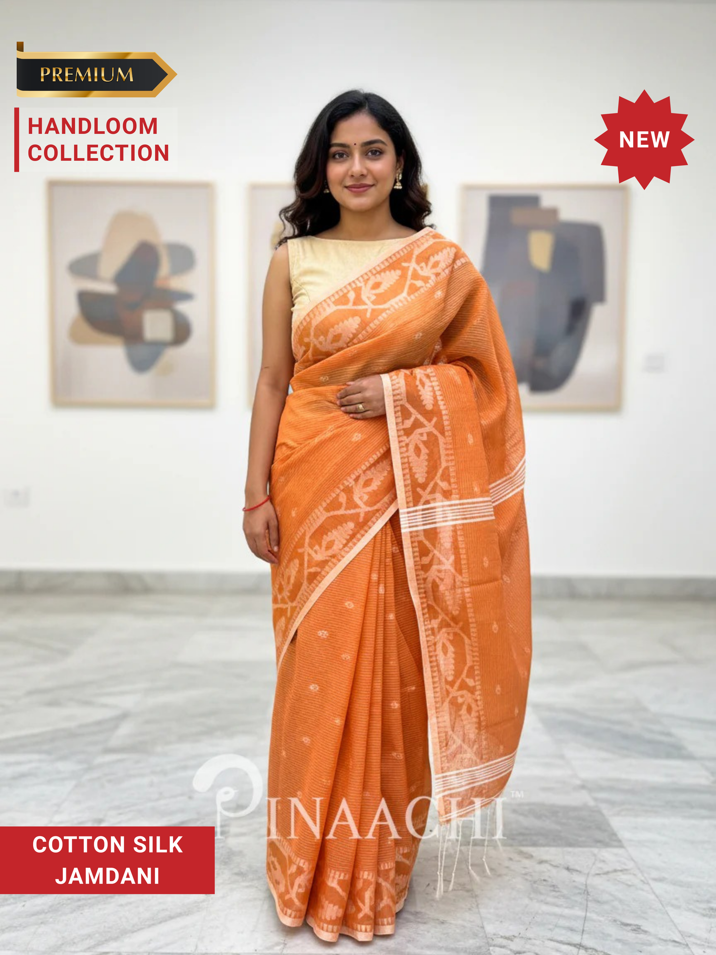 Pinaachi orange cotton silk jamdani saree with intricate patterns, perfect for festive occasions