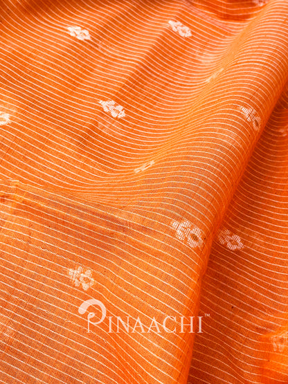 Pinaachi orange cotton silk jamdani saree with intricate floral patterns and fine textures