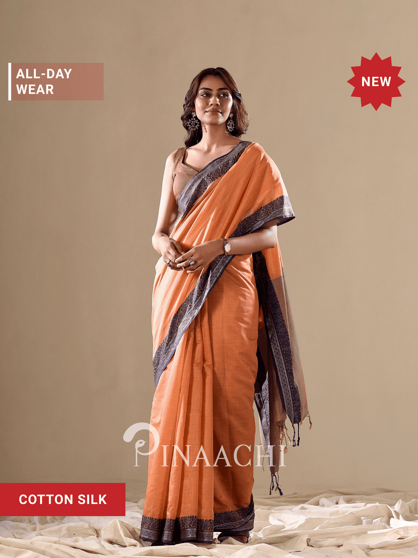 Elegant orange cotton silk saree from Pinaachi perfect for all-day wear, featuring stylish draping